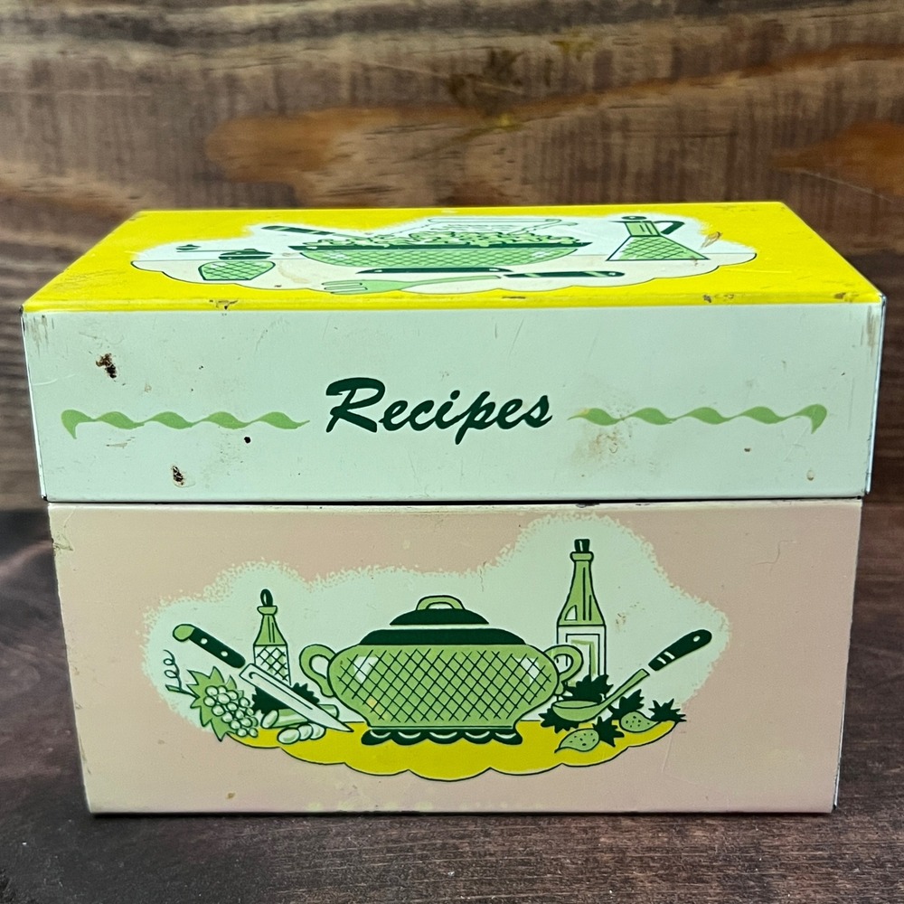 Vintage Ohio Art Co Metal Recipe Box Mid Century Kitchen Graphic Yellow Pink Tin